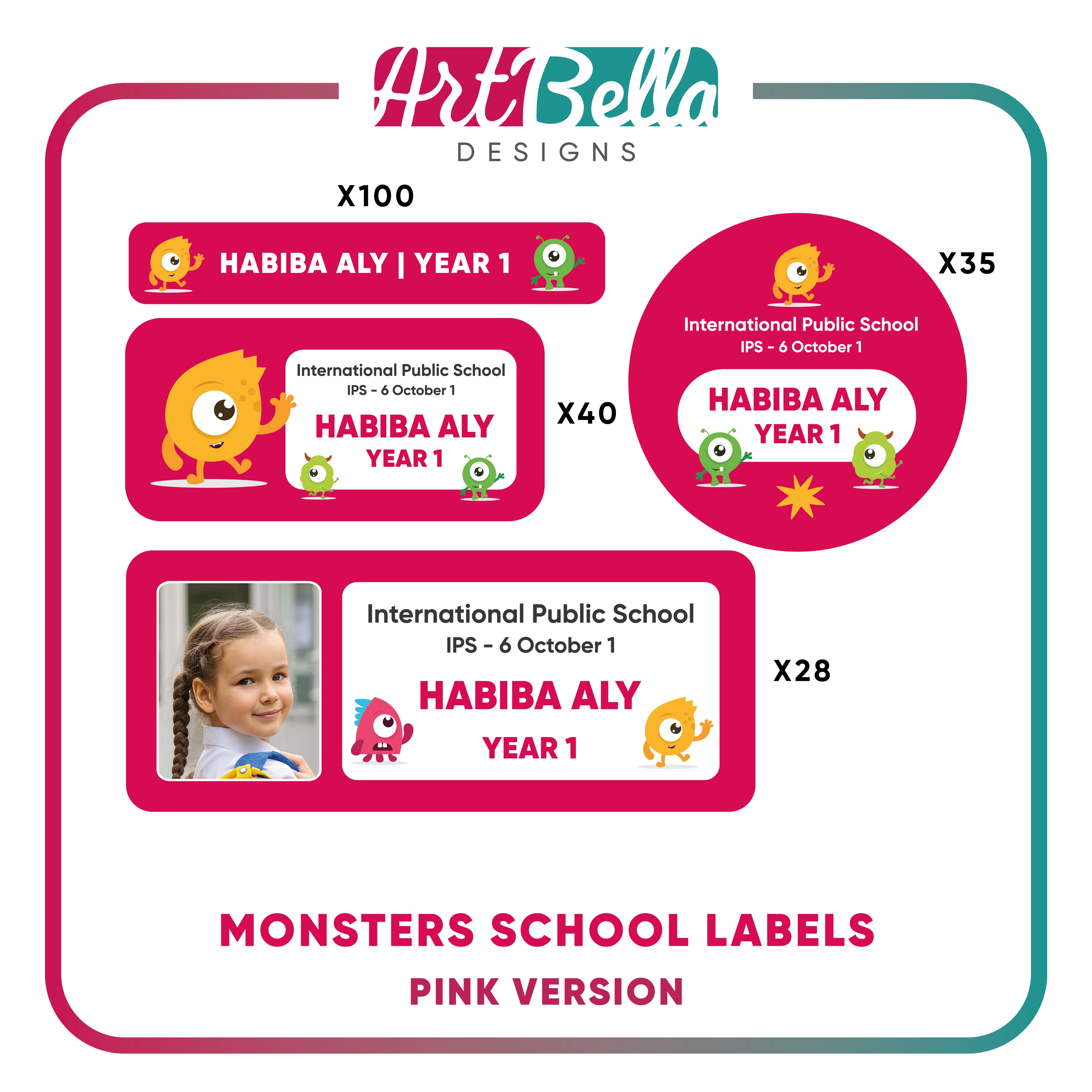 Monsters School Labels - Pink Version